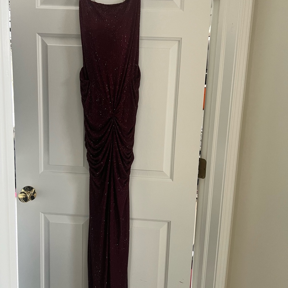 Meshki Burgundy Sparkle Ruched Maxi Dress - Picture 3 of 6
